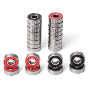 A bunch of stacked 608-2RS bearings in both black and red seal colours.