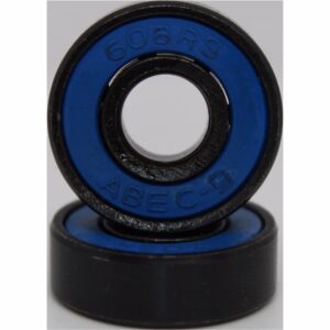 Two black 608-2RS bearings with blue seals, one laying down with another standing upright on top of it